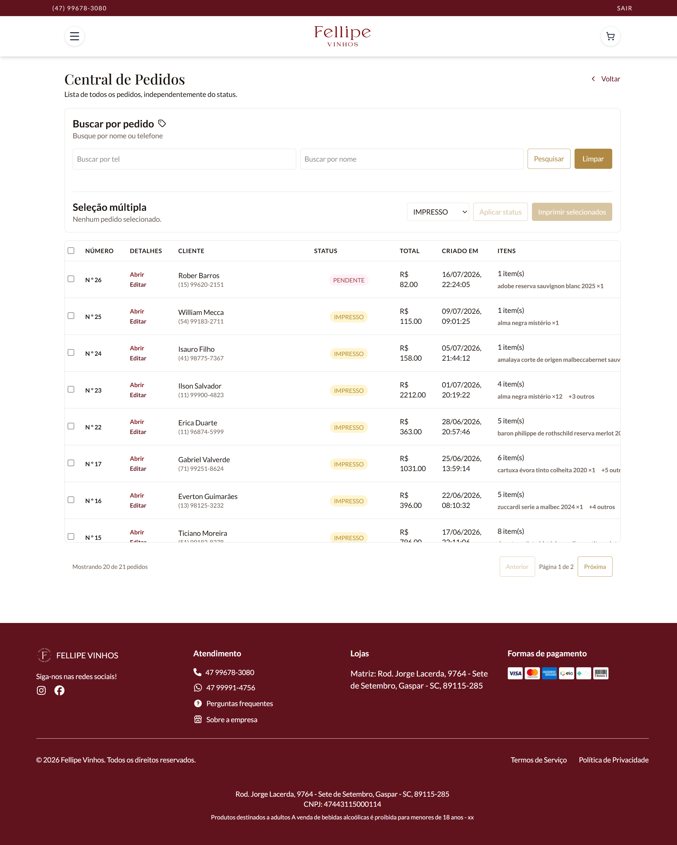 Fellipe Vinhos orders list