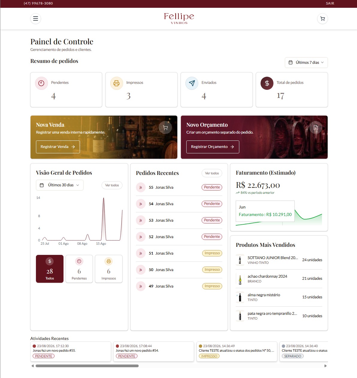 Fellipe Vinhos desktop dashboard screenshot