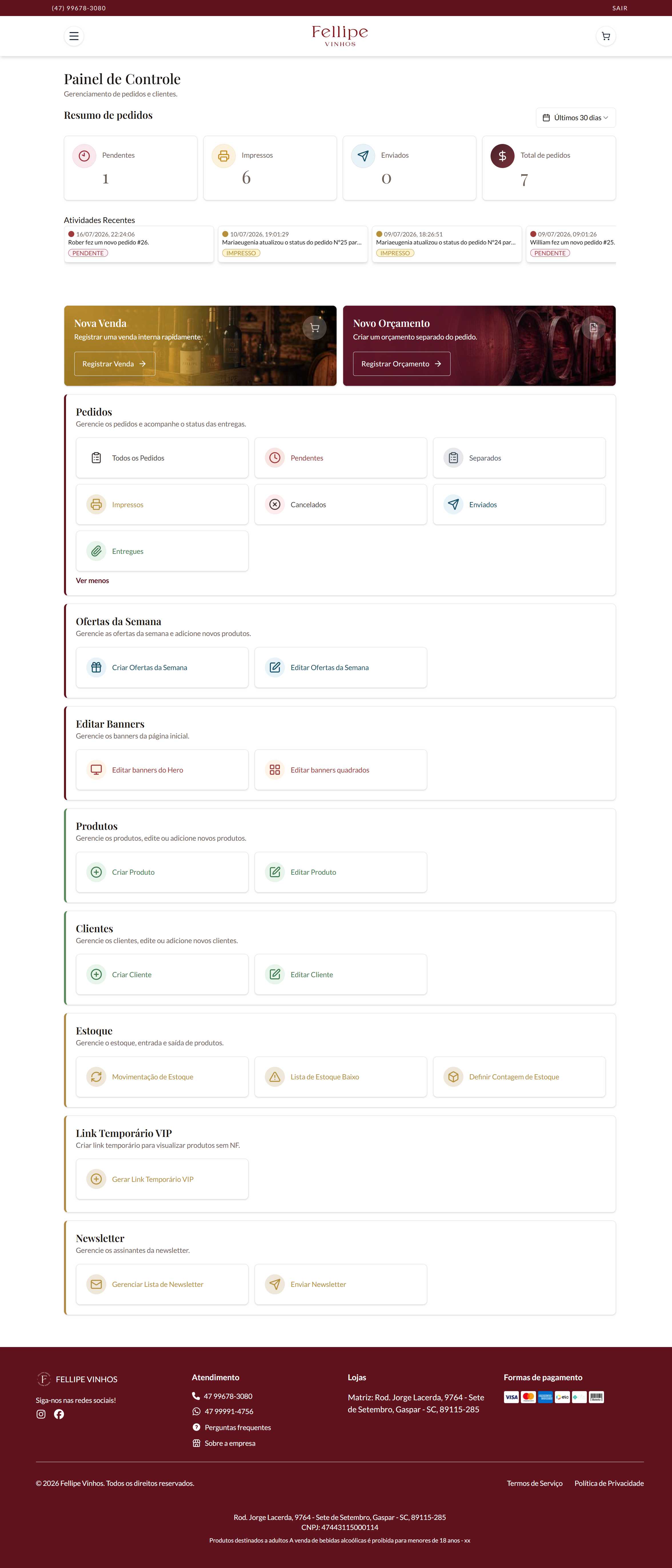 Fellipe Vinhos dashboard menu