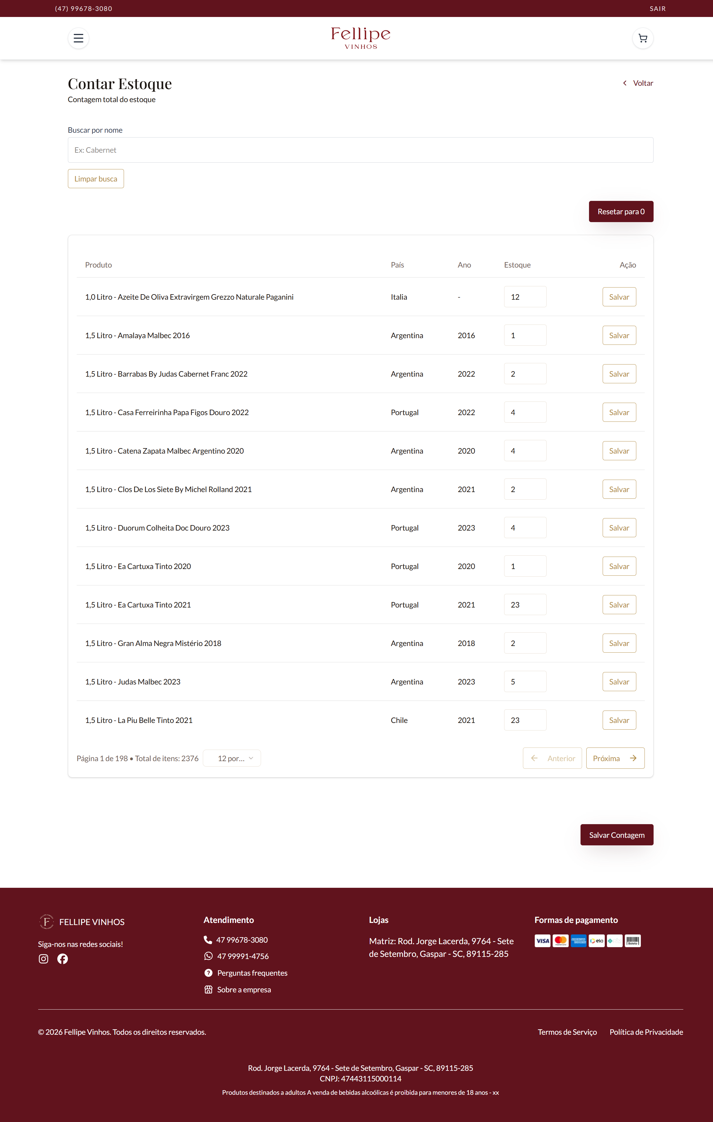 Fellipe Vinhos stock count screen