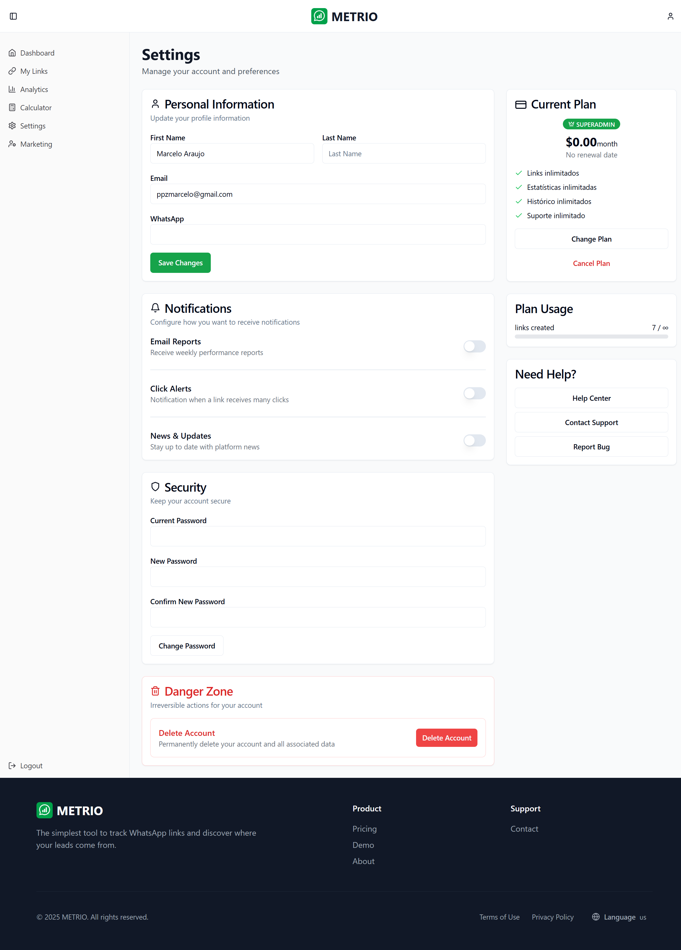 Metrio settings page