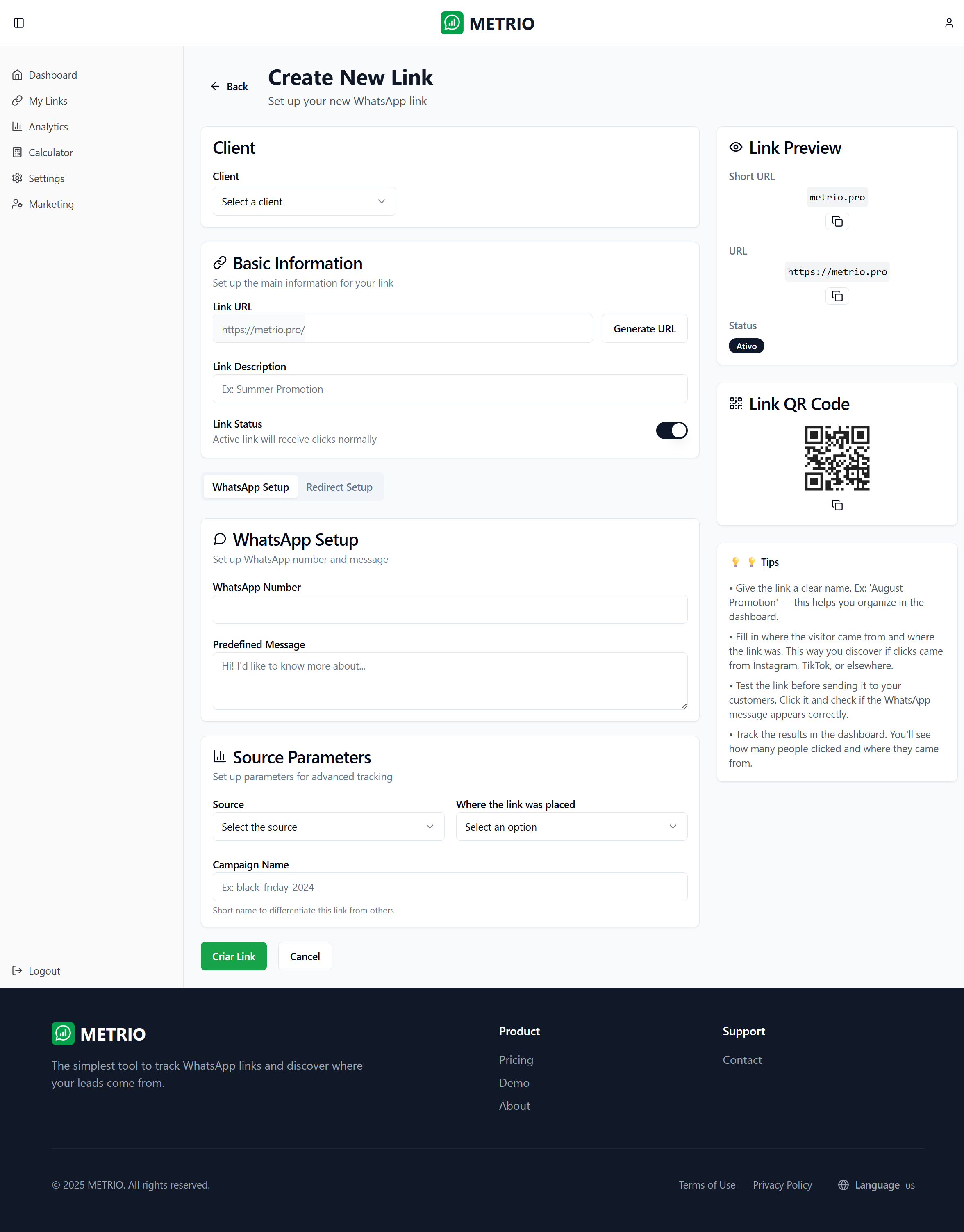 Metrio create new link UI