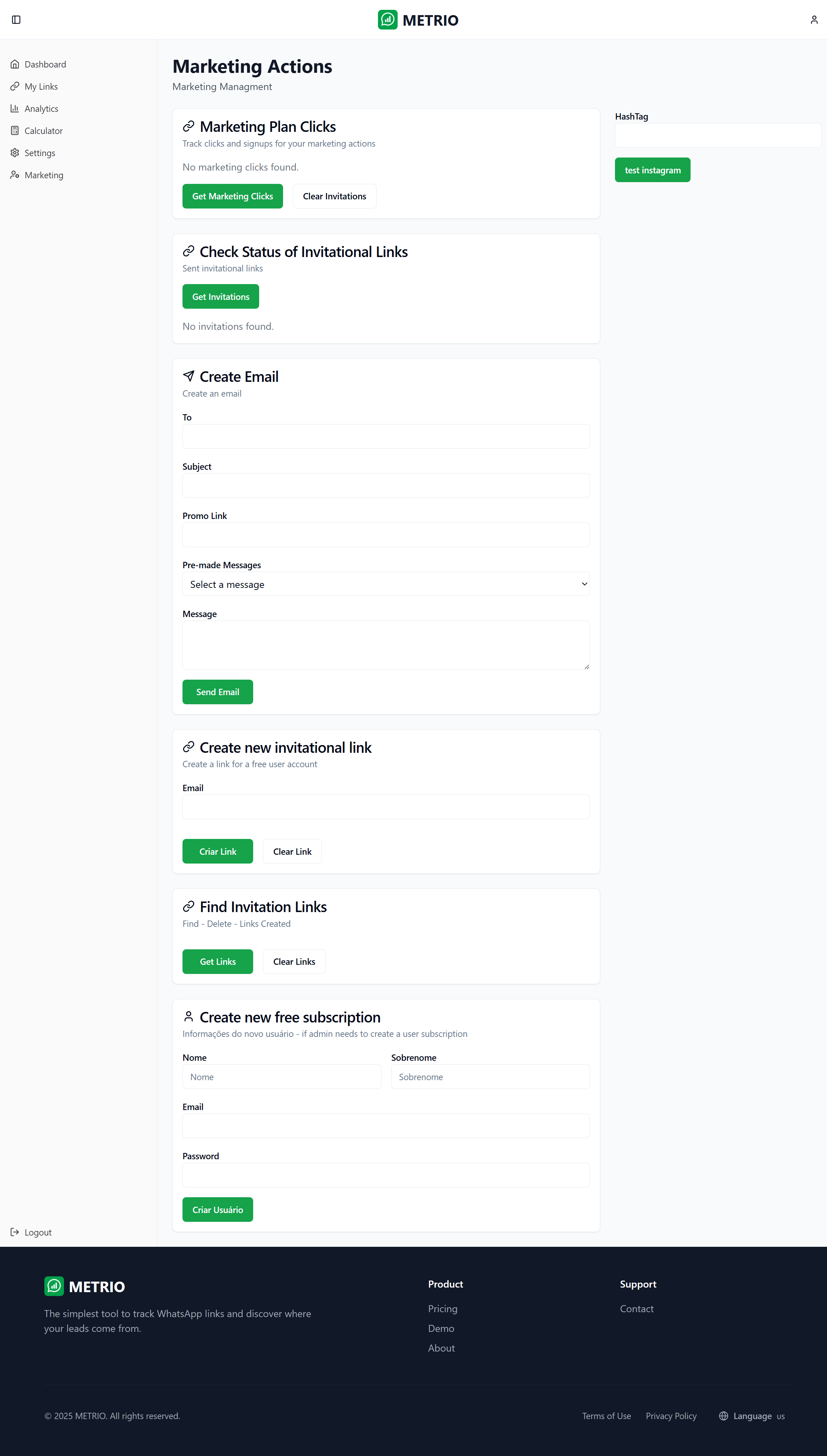 Metrio marketing actions screen