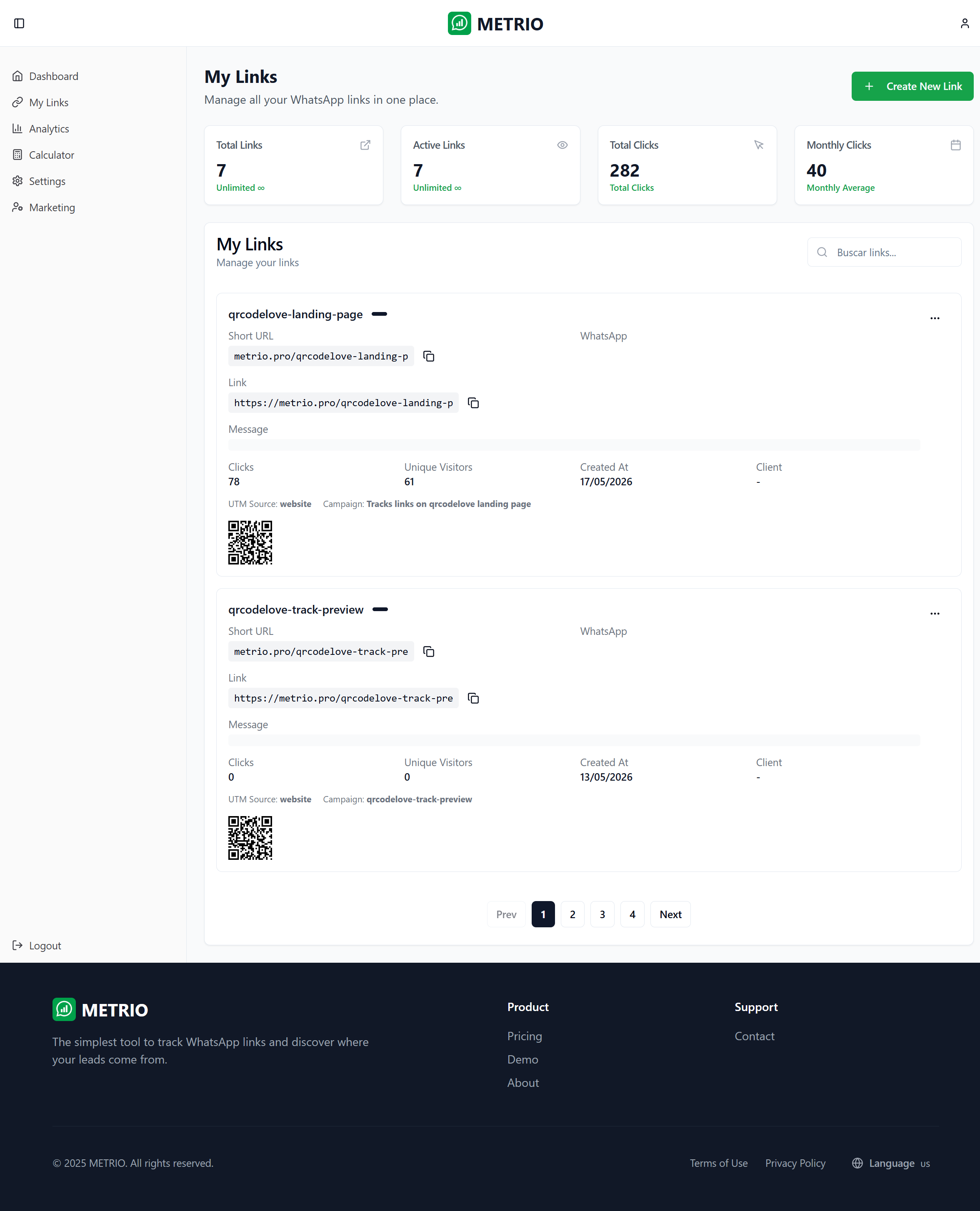 Metrio link management page