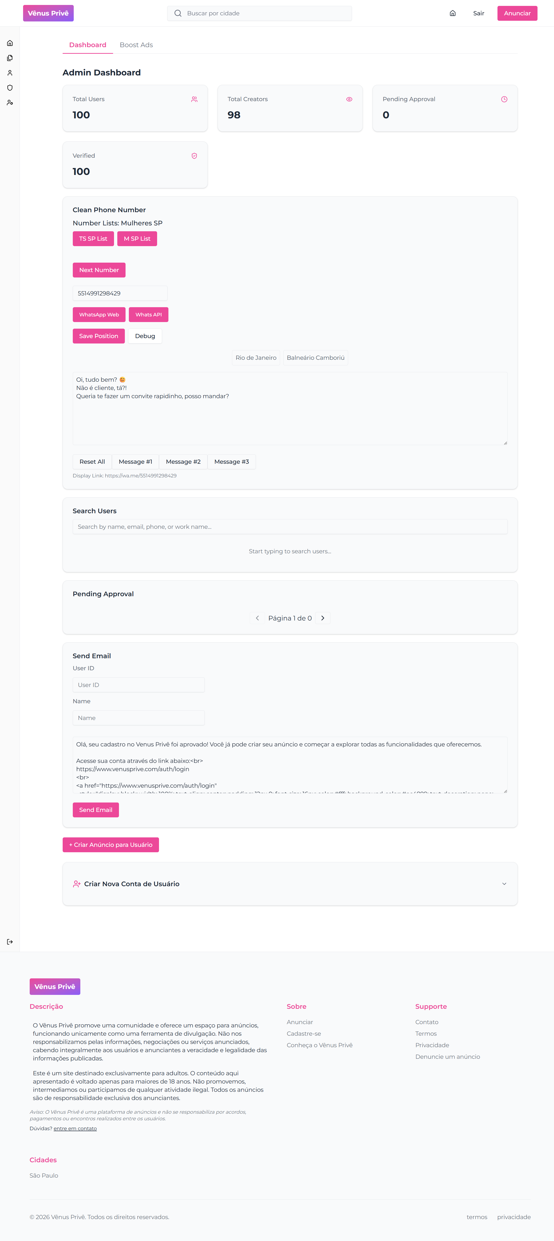 Venus Prive admin dashboard