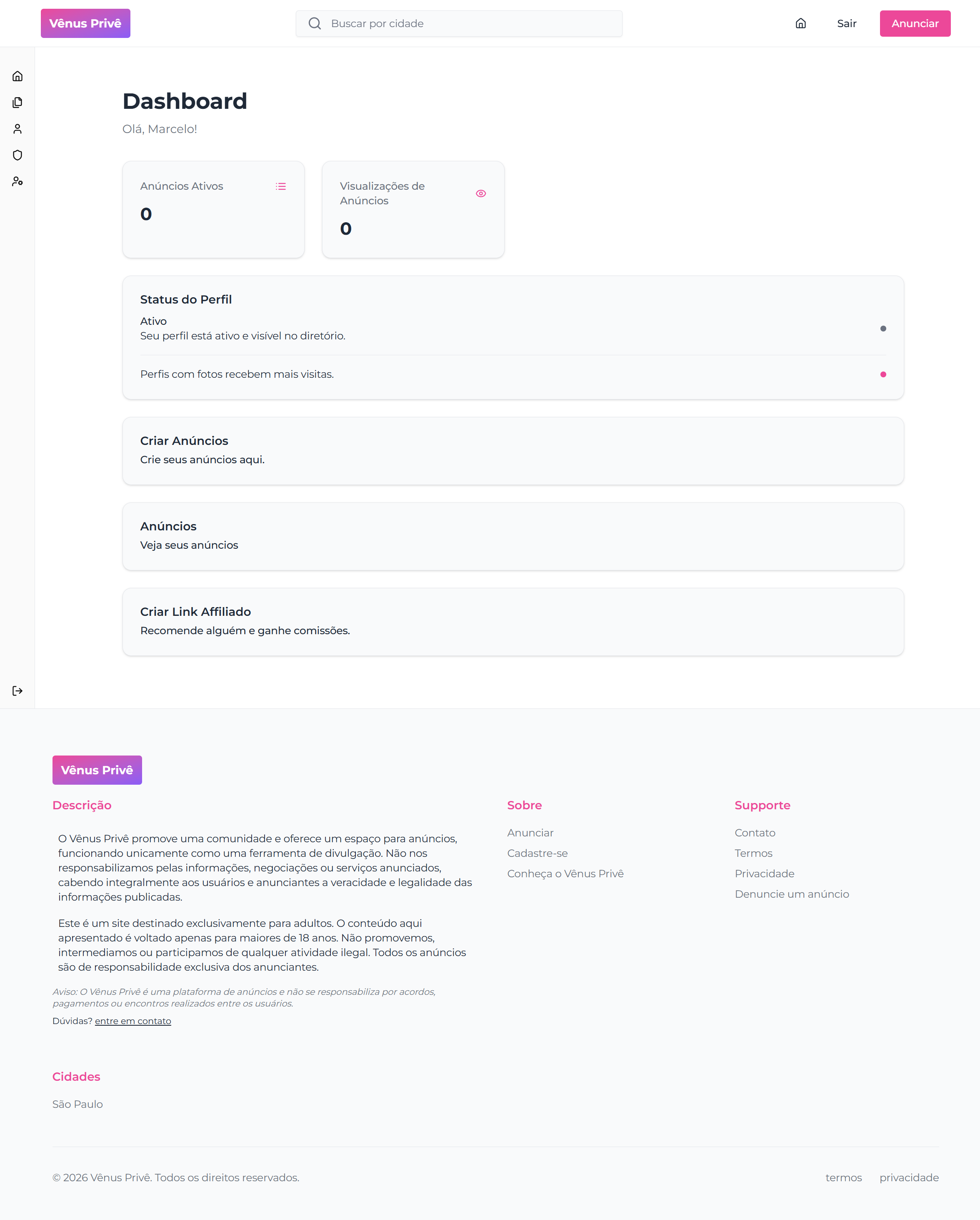 Venus Prive creator dashboard